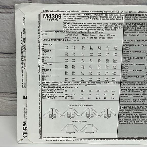 McCall's Sewing Pattern #4309 Jacket Women's Sizes XS-M Uncut Arts & Crafts - Picture 3 of 5